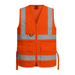 Chaleco Reflectivo Naranja Tipo H con 4 Bolsillos + 2 con cierre (100% Polyester) – Cinta 3M